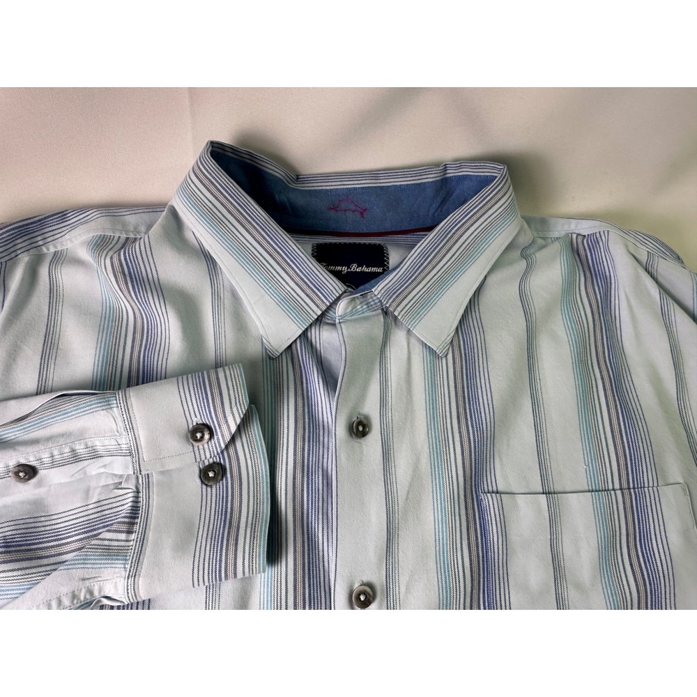 Tommy Bahama Mens Blue Striped Long Sleeve Button Down 2XL Cotton Silk Spandex